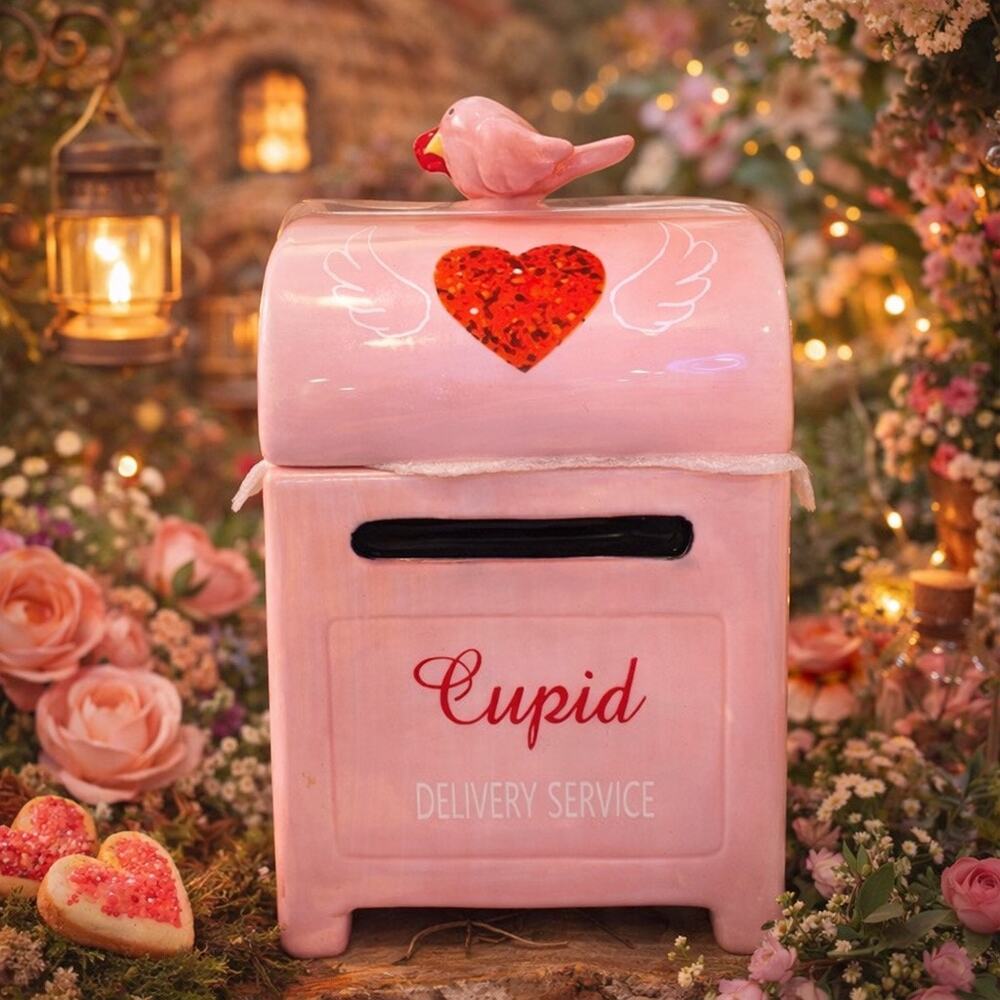 Cupid Valentine Cookie Jar Pink Love Letters Canister Bird Lid